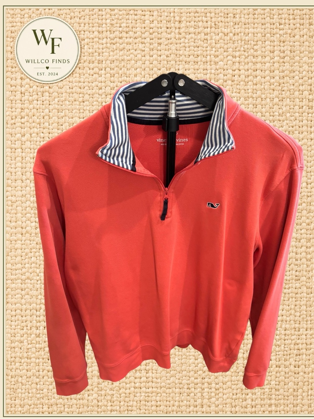 Vineyard Vines Men's Coral Zip-Up Sweater with Striped Collar